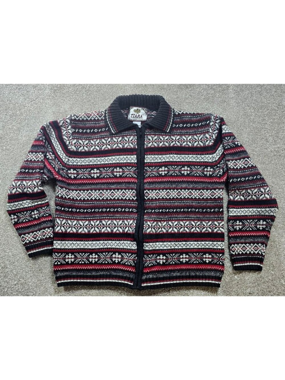 Tiara International Vtg 2002 Zip Cardigan Sweater Ramie Cotton Gray Red Women M